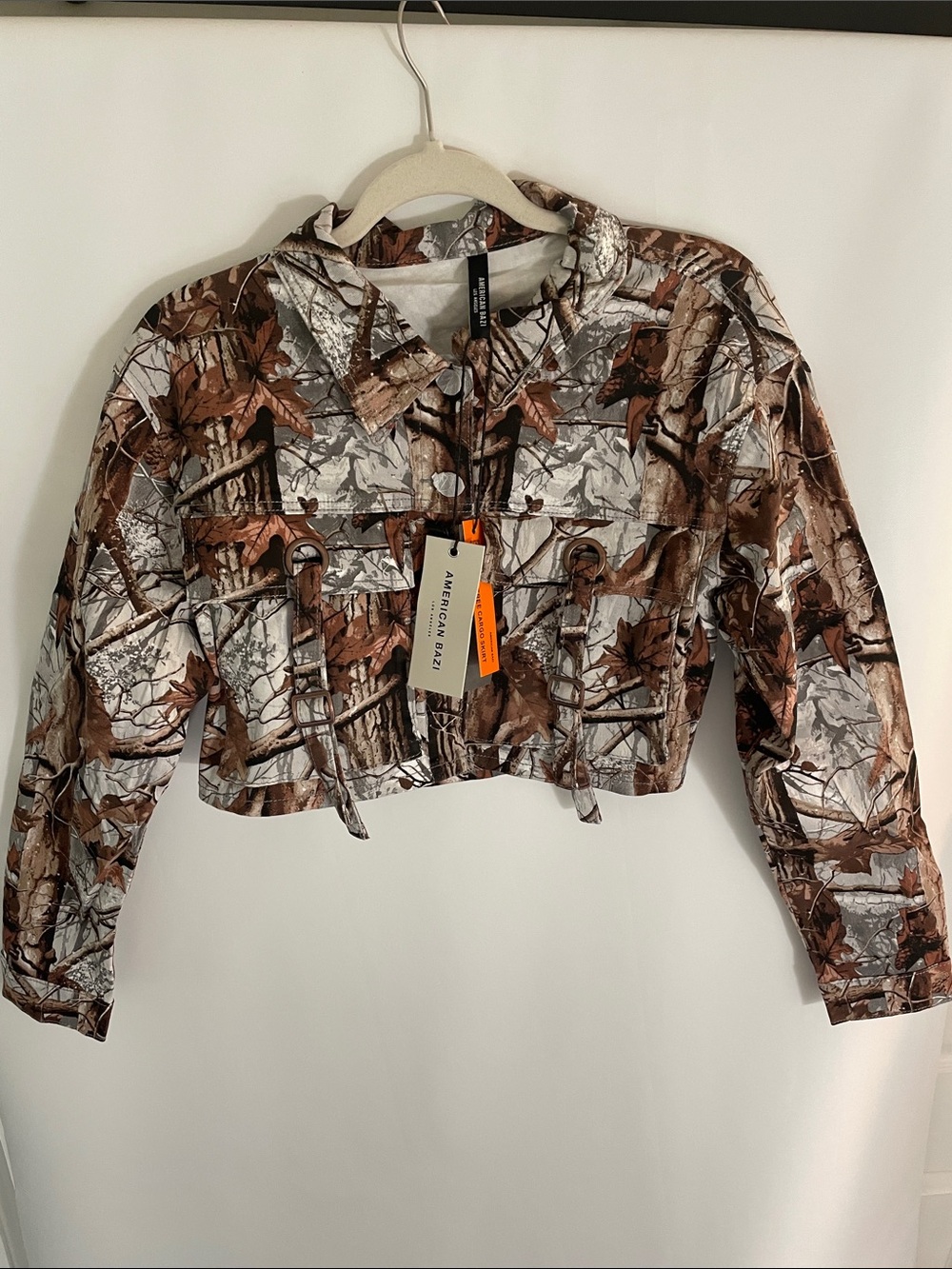 American Bazi Cropped Utility Jacket in Brown and Gray Camo